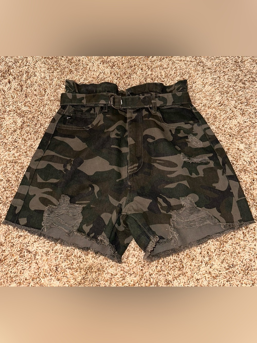 KanCan Green Camo High Waist Paperbag Shorts